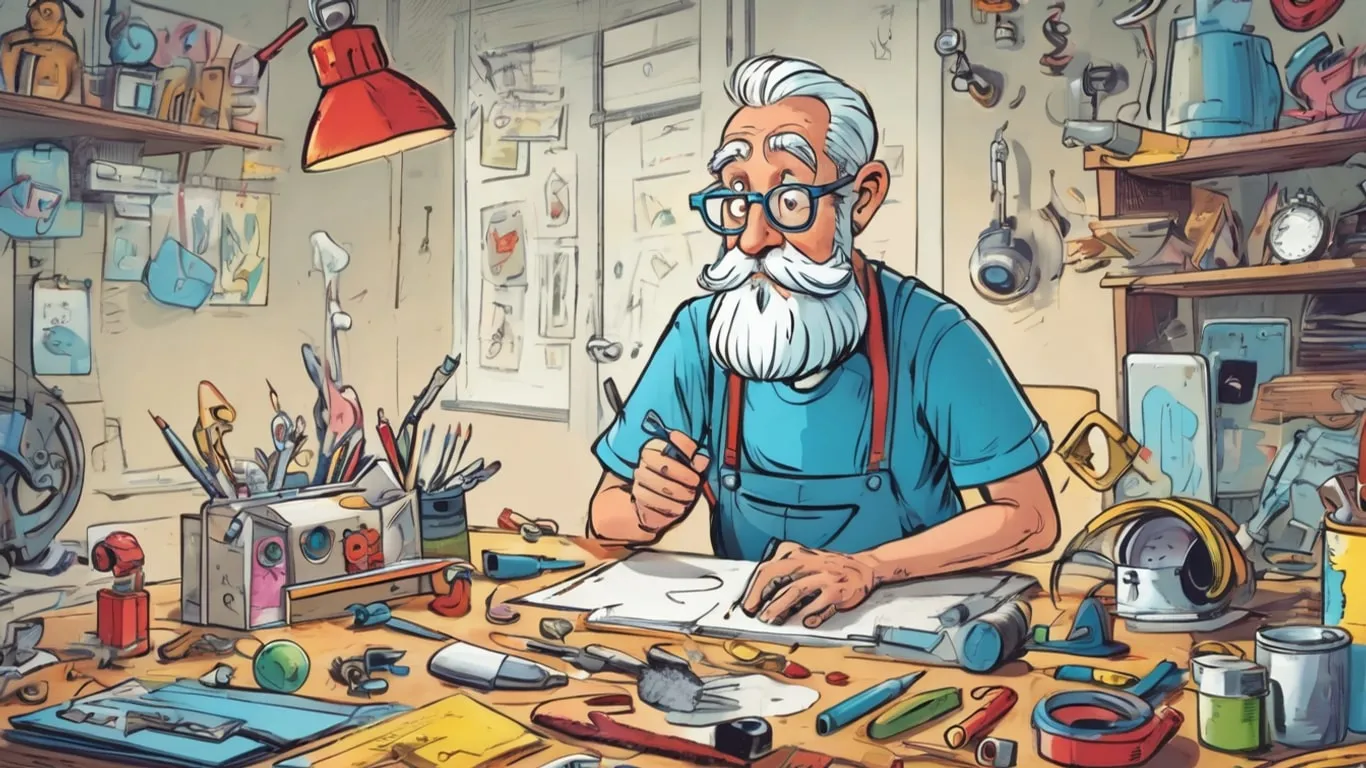 A cartoon illustration of a businessman at work with many useful tools